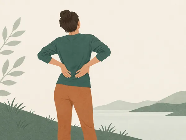 Illustration: A person seen from behind, fully clothed, gently stretching their lower back outdoors