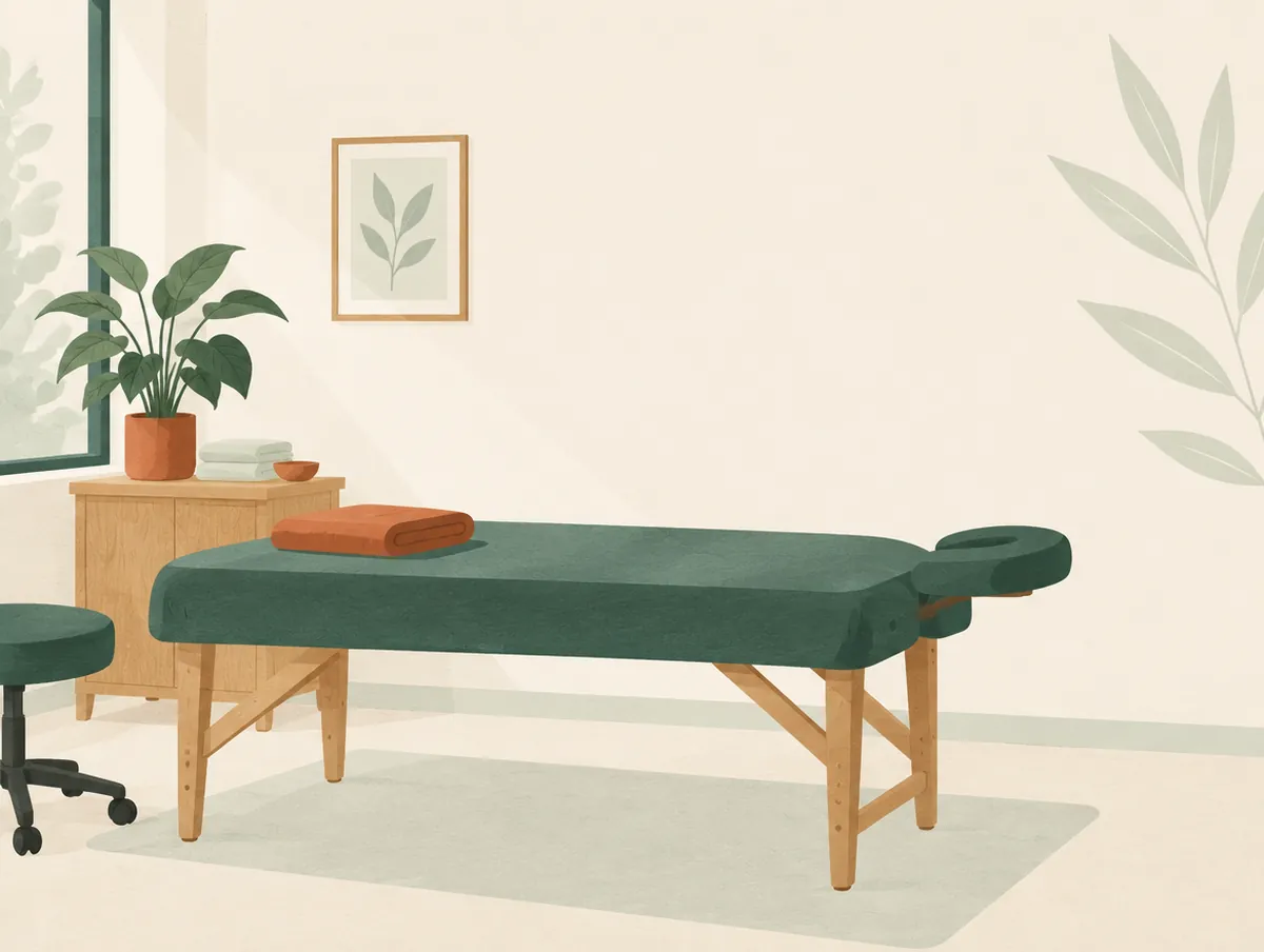 Illustration: A calm treatment room with a padded table, a folded towel and a plant