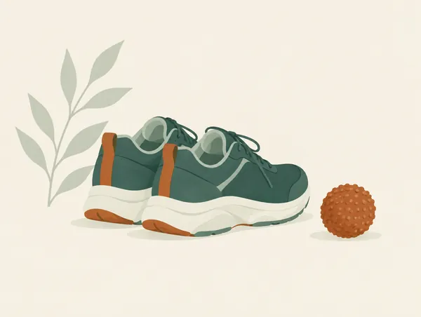 Illustration: A pair of supportive walking shoes beside a small massage ball
