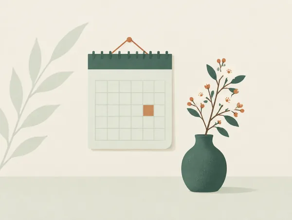 Illustration: A simple wall calendar beside a small vase with a flowering branch