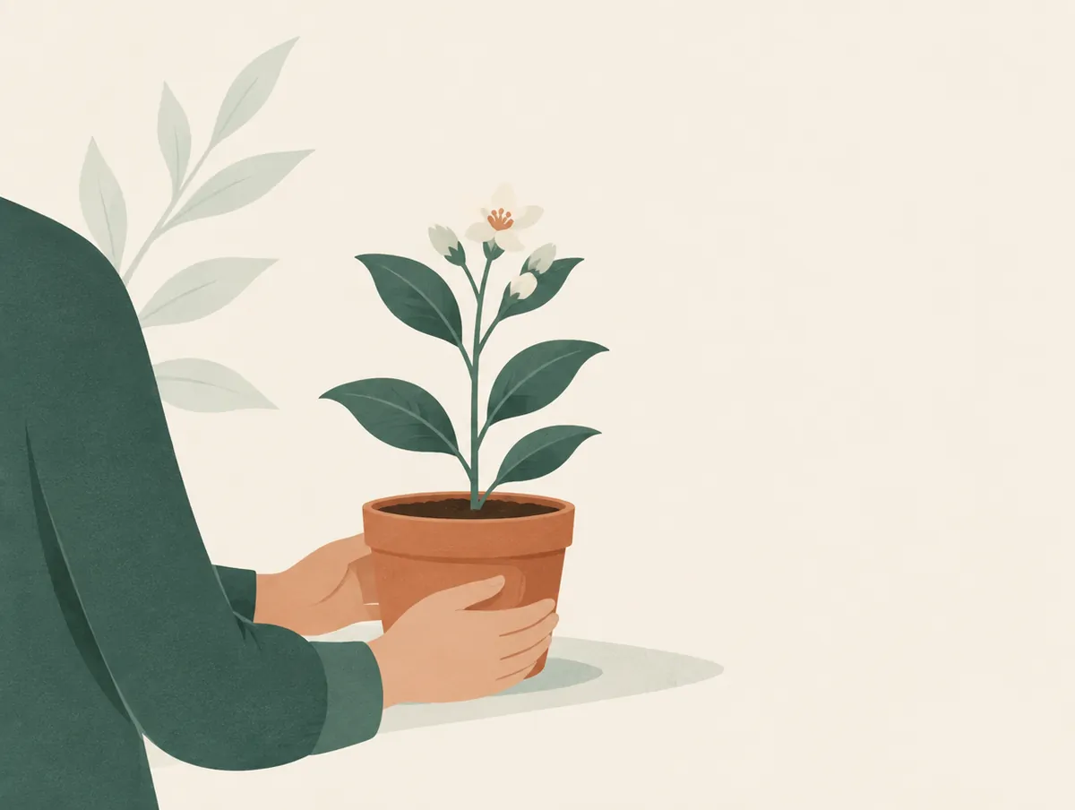 Illustration: A small pot with a young green plant beginning to flower