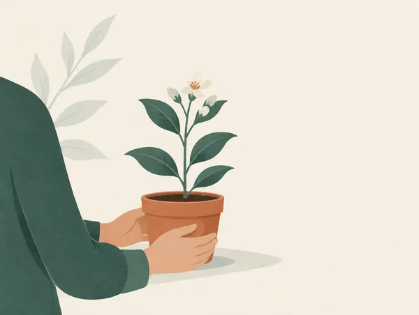 Illustration: A small pot with a young green plant beginning to flower