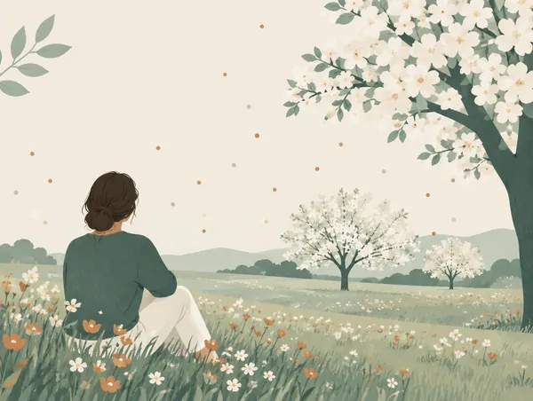 Illustration: A spring meadow with blossoming trees and drifting pollen