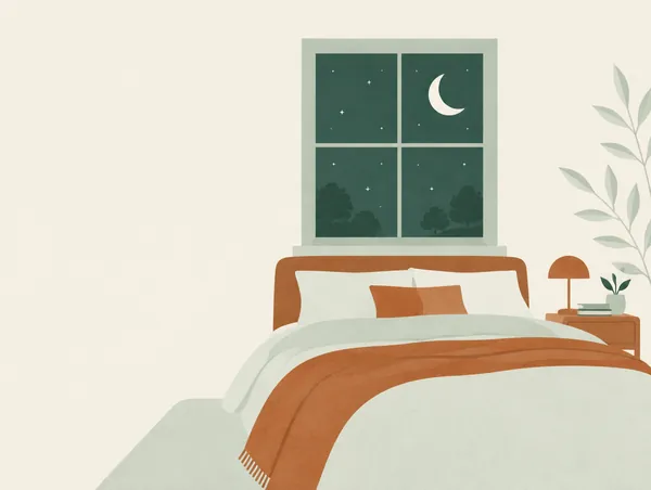 Illustration: A window at night with a crescent moon and stars above a cozy bed
