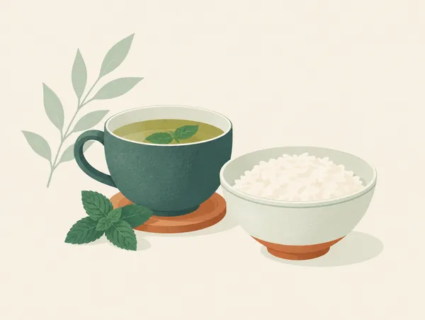 Illustration: A cup of peppermint tea and a bowl of simple rice