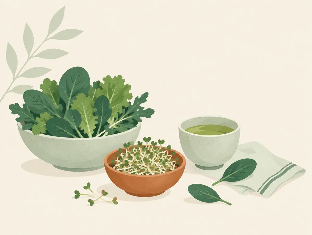 Illustration: Fresh spring greens, sprouts and a small bowl of green tea