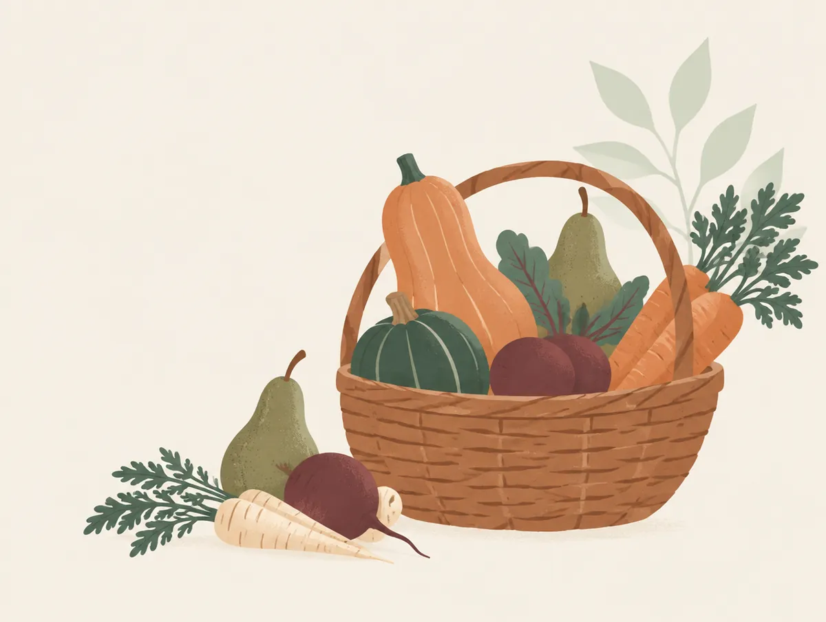 Illustration: A basket of autumn vegetables: squash, pears and root vegetables
