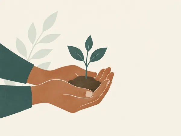 Illustration: Two hands cupping a small sprouting seedling