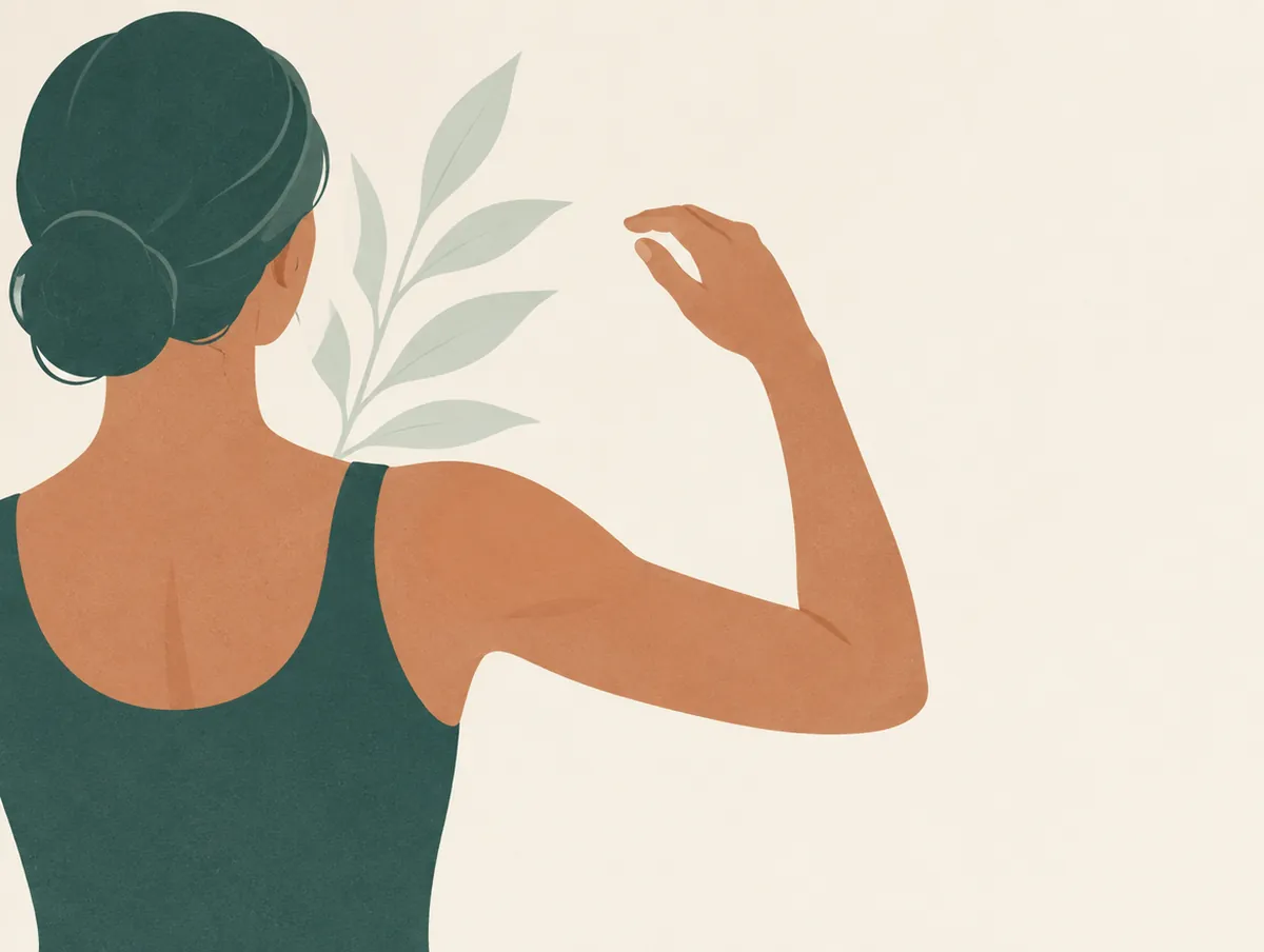 Illustration: A shoulder seen from behind with the arm raised only partway
