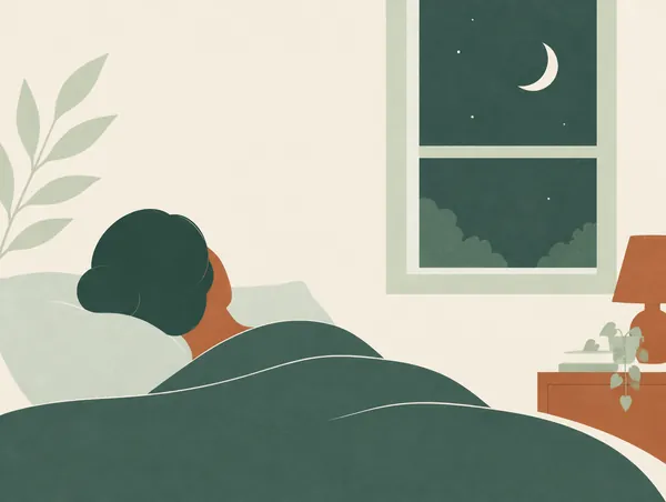 Illustration: A person lying in bed seen from behind, a crescent moon in the window