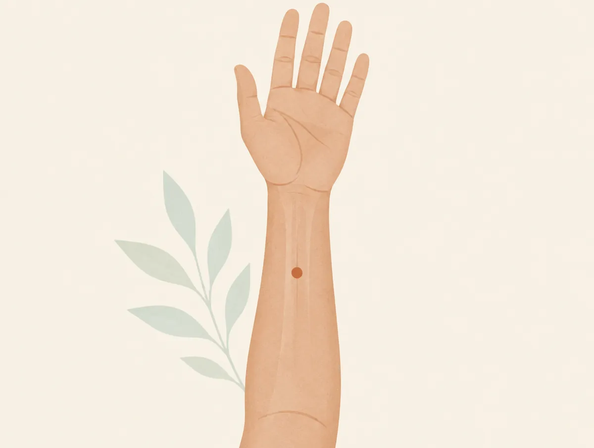 Illustration: The inner wrist with one small clay dot a few finger-widths above the crease