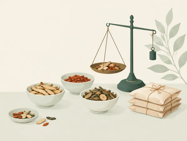Illustration: dried Chinese herbs in small bowls, a hand scale and paper herb packets