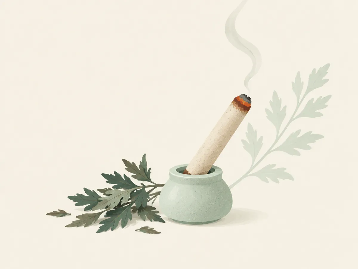 Illustration: a moxa stick resting in a small holder with a wisp of smoke and dried mugwort leaves